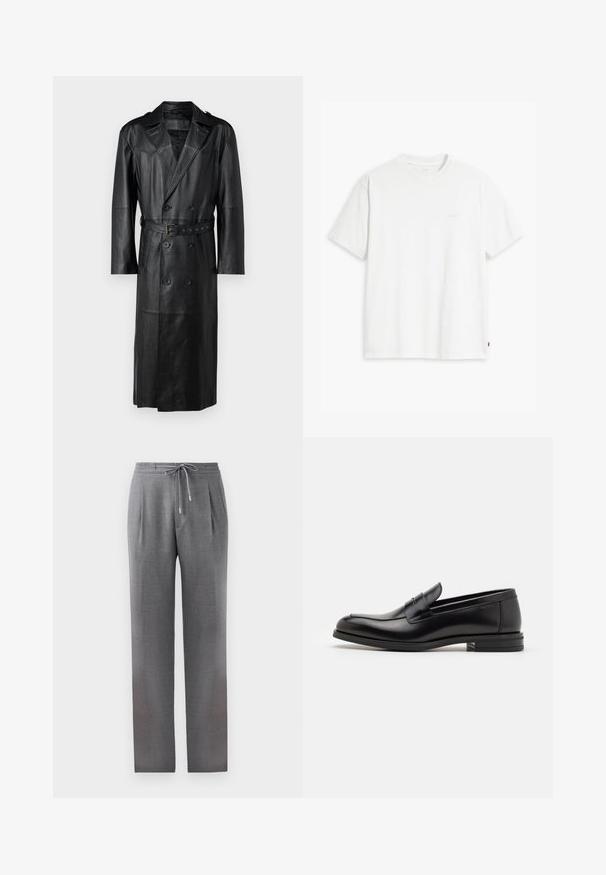 Black leather trench coat with a double-breasted design, belted waist, and shoulder epaulettes. Smooth texture and knee-length.; White cotton t-shirt with short sleeves, crew neck, and subtle Levi's logo printed in the center. Soft texture and standard fit.; Gray, tailored trousers with a drawstring waist, pleats, and straight legs. Fabric texture is smooth, with a subtle patterned finish.; Black leather loafers with a smooth texture, rounded toe, and a decorative strap across the vamp. Low stacked heel, minimalist design.