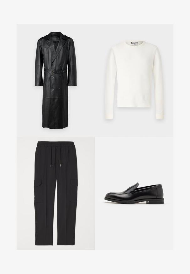 Czarny skórzany płaszcz trench z podwójnym zapięciem, z paskiem w talii i naszywkami na ramionach. Gładka tekstura i długość do kolan.; Biała, długorękawowa termo-bluzka o prążkowanej fakturze, okrągły dekolt i mankiety z elastycznym wykończeniem. Czysty design bez wzorów ani dodatkowych akcentów.; Czarne spodnie cargo z miękkiego materiału, z elastycznym paskiem w talii i sznurkiem, dwiema kieszeniami bocznymi oraz dwiema kieszeniami cargo po bokach.; Czarne skórzane mokasyny o gładkiej fakturze, zaokrąglonym nosku i dekoracyjnym pasku na przodzie. Niski, warstwowy obcas, minimalistyczny design.