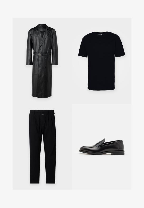 Manteau trench en cuir noir avec un design croisé, taille ceinturée et épaulettes. Texture lisse et longueur genoux.; T-shirt noir à manches courtes en coton. Il présente uncol rond et une coupe classique. Aucun motif visible ni accent en métal.; Pantalon noir à coupe ajustée, présentant un devant plat, des plis simples et une fermeture à bouton. Fabriqué en tissu lisse, adapté pour des tenues formelles.; Mocassins en cuir noir avec une texture lisse, bout rond et une sangle décorative sur le dessus. Talon bas empilé, design minimaliste.
