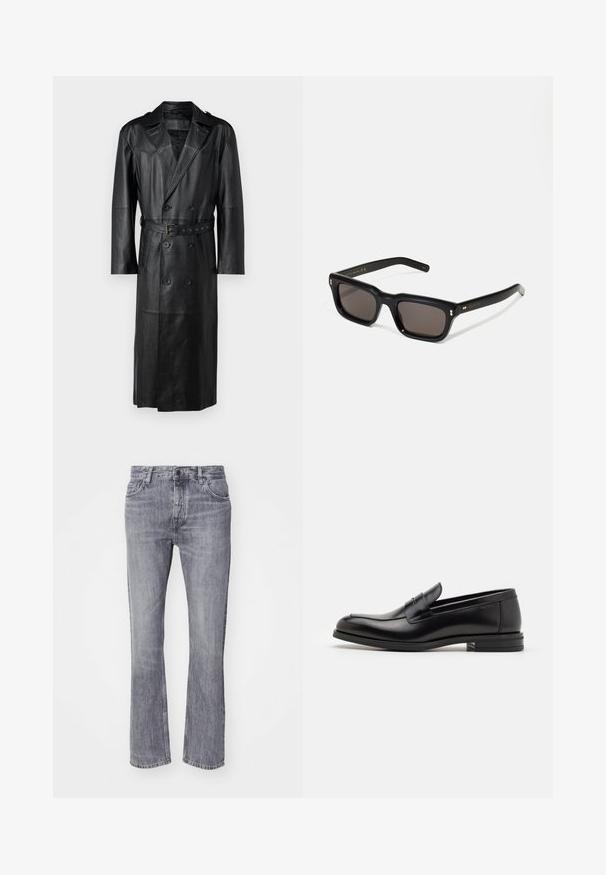 Must musta trench coat kahekordse nööbistamisega, vööga taljes ja õlavarre epauletti. Sile tekstuur ja põlvekõrgune.; Valge lühikeste varrukatega t-särk puuvillaste kangast, ümmarguse kaelusega. Lihtne disain, ilma mustrite ja detailideta. Sile tekstuur.; Hallid hallid denimist valmistatud flared teksad tuhmistunud viimistlusega, viie tasku, eesmine nööpklõps ja vöökoht. Klassikaline sirge jala disain.; Mustad mustad nahast loafers sileda tekstuuriga, ümarat ninaosa ja dekoratiivne riba vampi üle. Madal kihiline konts, minimalistlik disain.; Mustad mustakorruselised prillid tumedate läätsedega, paks plastikraam, kuldsed aksendid templites ning kaubamärgi logo graveeritud käe lilla.