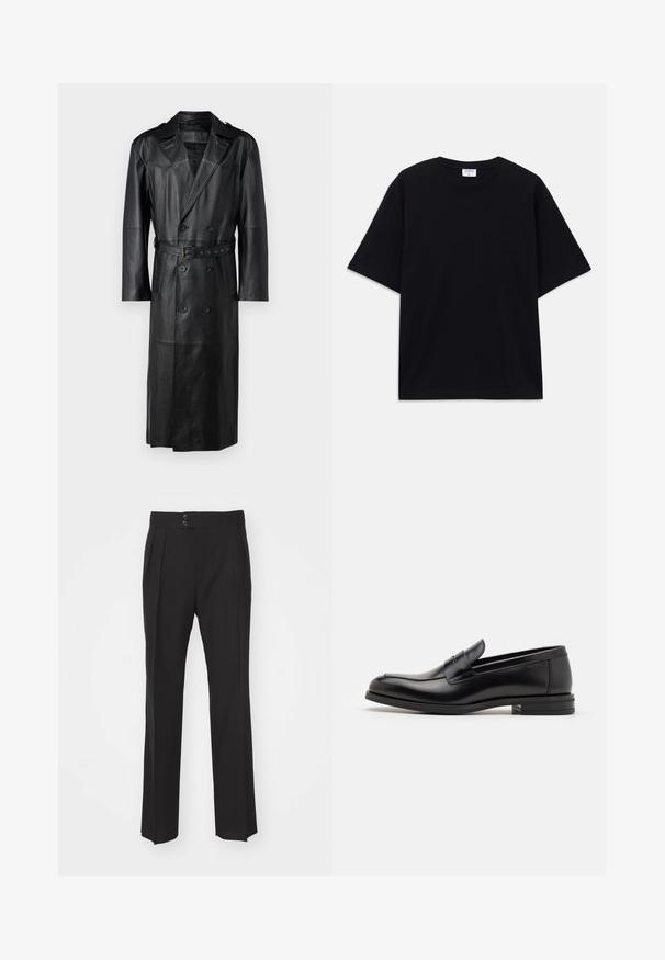 Manteau trench en cuir noir avec un design croisé, taille ceinturée et épaulettes. Texture lisse et longueur genoux.; T-shirt noir à manches courtes oversize avec un col rond et une étiquette de marque Filippa K visible à l'intérieur du col.; Pantalons noirs ajustés avec une coupe droite, deux poches avant et une fermeture à double bouton à la taille. Tissu au toucher lisse.; Mocassins en cuir noir avec une texture lisse, bout rond et une sangle décorative sur le dessus. Talon bas empilé, design minimaliste.