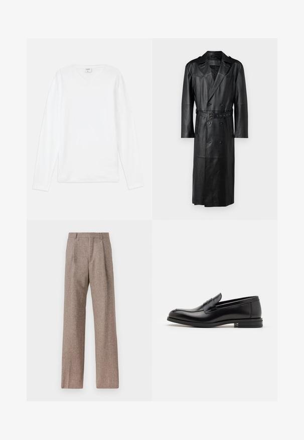 Must musta trench coat kahekordse nööbistamisega, vööga taljes ja õlavarre epauletti. Sile tekstuur ja põlvekõrgune.; Valge pika varrukaga T-särk V-kaelusega, pehmest materjalist, laia lõikega ja küljeauke liikumisvabaduse huvides.; Prunnid, kõrge vöökohaga püksid, mis on valmistatud tekstureeritud kangast. Omavad laiu jalgu ja kahte eesmist voldikut struktuuri jaoks. Korralik viimistlus, ilma nähtava riistvarata.; Mustad mustad nahast loafers sileda tekstuuriga, ümarat ninaosa ja dekoratiivne riba vampi üle. Madal kihiline konts, minimalistlik disain.