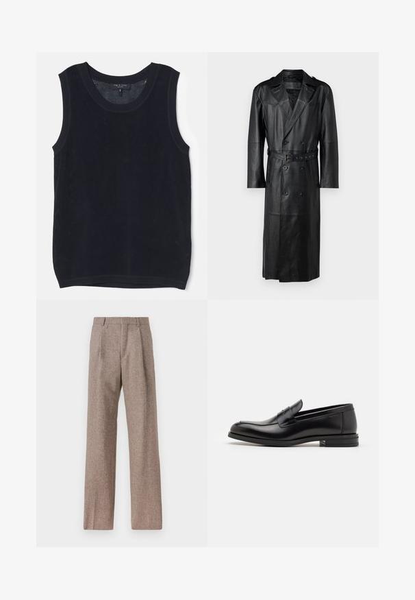 Schwarzer Leder-Trenchcoat mit einem doppelt knöpfbaren Design, tailliertem Gürtel und Schulterklappen. Glatte Textur und knielang.; rag & bone PAYTON TANK - Top - black; Braune, hochtaillierte Hose aus strukturiertem Stoff. Mit weitem Bein und zwei vorderen Bügelfalten für zusätzliche Form. Saubere Verarbeitung ohne sichtbare Hardware.; Schwarze Lederloafers mit glatter Textur, rundem Zehenbereich und einem dekorativen Riemen über dem Vorderfuß. Niedriger, gestapelter Absatz, minimalistisches Design.