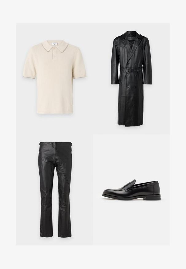 Fekete bőr trench kabát, dupla gombolású kialakítással, övvel ellátott derékkal és vállpántokkal. Simább textúrájú, térd hosszúságú.; Tej pólóing rövid ujjakkal, bordázott textúrával, három gombos záródással és kontrasztos gallérral. Az anyag lágy és könnyűnek tűnik.; Fekete bőrnadrág egyenes szárú kialakítással, cipzáras zsebekkel, térdvédőkkel és állítható derékrésszel. Sima textúra.; Fekete bőr loaferek sima textúrával, kerek orral és dekoratív pánttal a vampnál. Alacsony, rétegelt sarkú, minimalista dizájn.