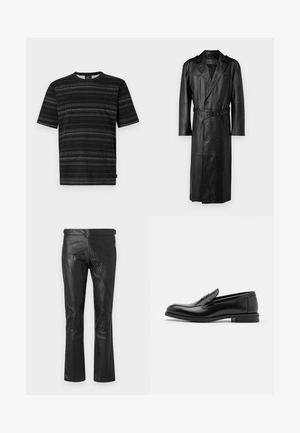 Čierny kožený trenčkot s dvojradovým zapínaním, opaskom v páse a ramennými vycpávkami. Hladká textura a dĺžka po kolená.; Čierne tričko s krátkym rukávom a okrúhlym výstrihom, s vodorovnými pruhmi v bielej, modrej a oranžovej farbe. Vyrobené z mäkkej látky.; Čierne kožené nohavice so strihom rovného nohu, vybavené zipsovými vreckami, kolennými záplatami a nastaviteľnými detailmi v páse. Hladká textúra.; Čierne kožené mokasíny s hladkou textúrou, zaoblenou špičkou a dekoračným pásikom cez priehlavok. Nízky vrstvený opätok, minimalistický dizajn.