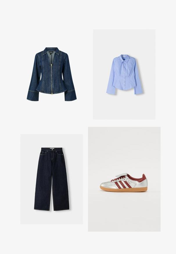Denim jakna z zadrgo, svetlo modrim šivanjem in prilegajočim pasom. Ima ovratnik in razširjene dolge rokave.; Modra in bela prugasta srajca z dolgimi rokavi in gumbom, s širšim ovratnikom, prilagojenim krojem in ukrivljenim robom. Teksturni bombažni material.; Temno modri široki jeans z visokim pasom, petimi žepi, kontrastnim šivanjem in srebrnim kovinskim okovjem. Gladka tekstura in čista končna obdelava.; Srebrni športni čevlji z rdečimi črtami, teksturirano gumijasto podplatom in Velcro trakovi na vrhu. Imajo gladko usnjeno površino in podložen ovratnik.