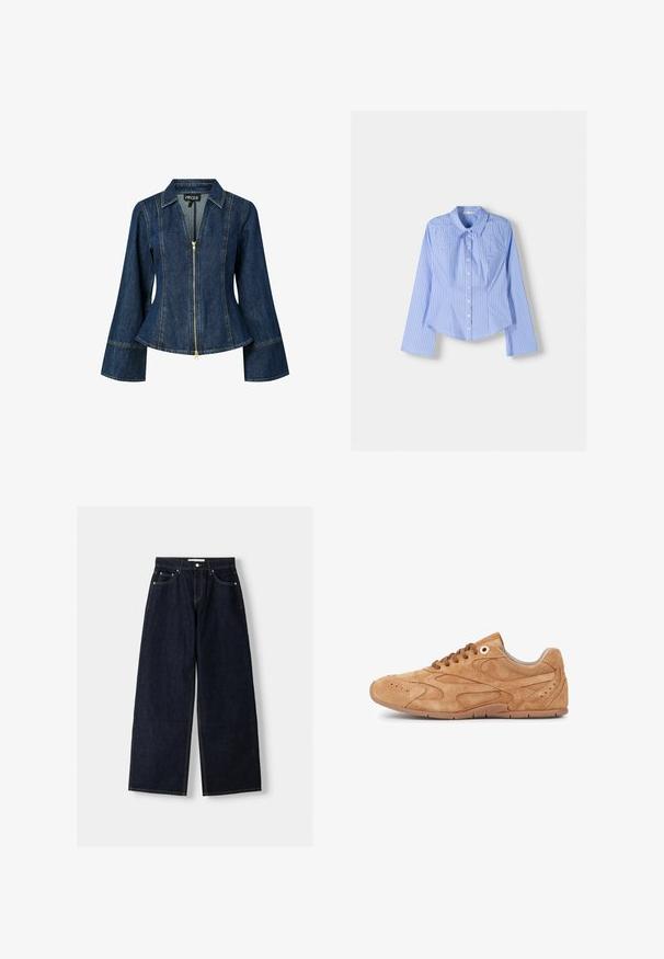 Denim-takki, jossa on vetoketjukiinnitys, vaaleansiniset ompeleet ja istuva vyötärö. Varustettu kauluksella ja levenevillä pitkähihaisilla hihoilla.; Siniraitaiset sinivalkoiset pitkähihaiset nappipaidat, joissa on levitetty kaulus, istuva mitoitus ja kaareva helma. Kankainen puuvillamateriaali.; Tummansiniset farkut, joissa on leveät lahkeet ja korkea vyötärö, viisi taskua, kontrastiväriset saumat ja hopeiset metalliosat. Sileä pinta ja siisti viimeistely.; Tennarit vaaleanruskeasta nukasta, joissa on matala profiili, pyöreä kärki, ruskeat nauhat, rei'itetyt yksityiskohdat ja joustava kumipohja.