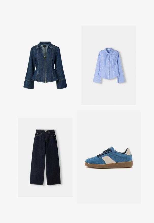 Denim jakna z zadrgo, svetlo modrim šivanjem in prilegajočim pasom. Ima ovratnik in razširjene dolge rokave.; Modra in bela prugasta srajca z dolgimi rokavi in gumbom, s širšim ovratnikom, prilagojenim krojem in ukrivljenim robom. Teksturni bombažni material.; Temno modri široki jeans z visokim pasom, petimi žepi, kontrastnim šivanjem in srebrnim kovinskim okovjem. Gladka tekstura in čista končna obdelava.; Modri semiš športni copat z bež usnjenim detajlom, temnimi vezalkami in strukturirano gumijasto podplatom; nizkoprofilna zasnova z zaobljenim prstom.