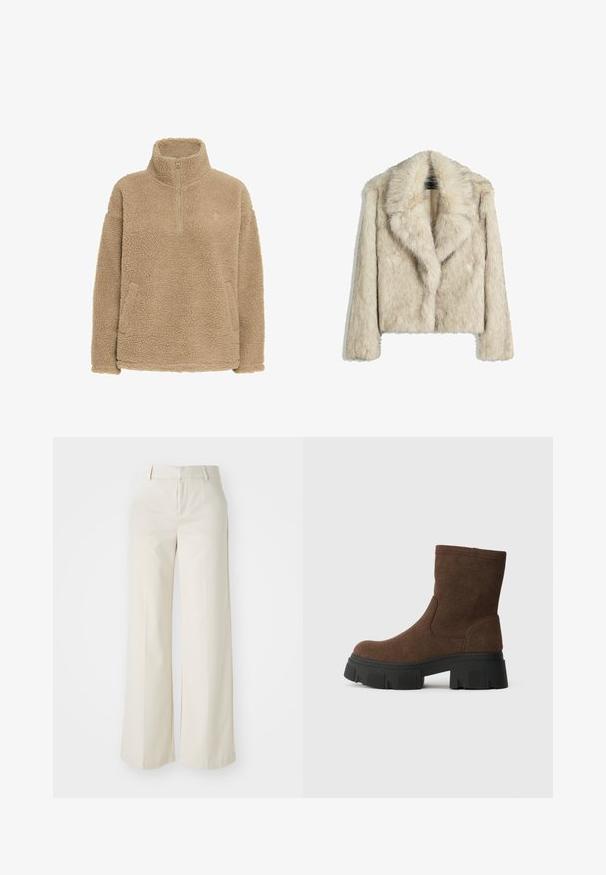 Jachetă scurtă din blană artificială, de culoare bej deschis, cu un guler lar, croială lejeră și suprafață moale, texturată. Fără detalii vizibile de metal.; Pulover bej din fleece cu fermoar la jumătate, guler înalt și buzunare laterale; are o suprafață texturată, moale și o croială lejeră.; Pantaloni cu picioare largi, de culoare bej deschis, dintr-un material neted. Prezintă un brâu clasic și un față plată cu linii curate.; Botine din suede maron cu un finisaj texturat, vârf rotund și o talpă chunky din cauciuc negru cu un model de profil.