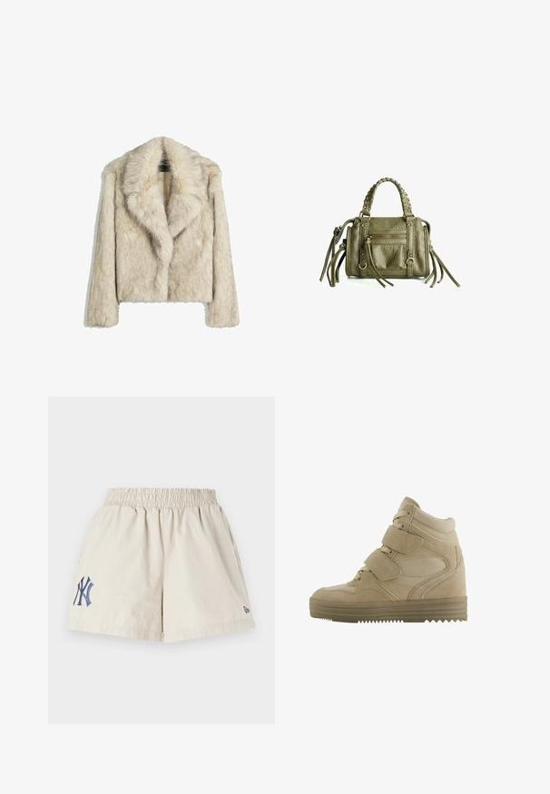 Kratka jakna iz umetnega krzna v svetli bež barvi, z širokim ovratnikom, sproščenim krojem in mehko, teksturirano površino. Brez vidnih kovinskih detaljev.; Bela dolga majica z rokavi in čolničastim izrezom. Narejena iz mehkega materiala, ima razširjene rokave in ravno robno obdelavo, kar ponuja preprost in vsestranski dizajn.; Bež kratke hlače iz bombaža z elastičnim pasom, ki na levi strani nosijo vezeno mornarsko modro logotip NY in majhen morsko moder logotip na robu.; Bež visoke teniske s kombinacijo usnja in mrežastega materiala, nastavljivimi ježki in debelim gumijastim podplatom z zloženim vzorcem.; Oliveno zelena usnjena torbica z pletenimi ročaji, zadrgo na sprednjem žepu in dekorativnimi resemi. Teksturna površina, kompaktna pravokotna oblika.