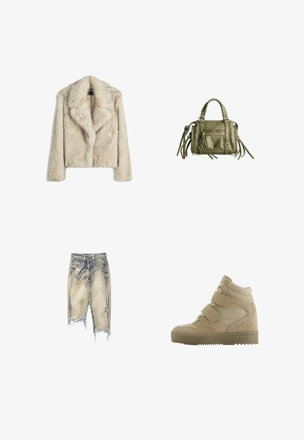 Korte nepvachten jasje in lichtbeige, met een brede kraag, een relaxte pasvorm en een zachte, gestructureerde oppervlakte. Geen zichtbare hardwaredetails.; Crèmekleurige top met lange mouwen, een brede halslijn en uitlopende mouwen. Glad, lichtgewicht stof. Eenvoudig, minimalistisch ontwerp zonder versieringen.; Denim shorts in een vervaagde blauw-grijze wastint, met versleten details, een gefragmenteerde zoom, vijf zakken en een standaard tailleband met riemlussen.; Beige hoge sneakers met een ontwerp van suède en mesh, verstelbare klittenbandsluitingen en een dikke rubberen zool met een zigzagpatroon.; Olijfgroene leren handtas met gevlochten handvatten, ritssluiting aan de voorkant en decoratieve franjes. Gestructureerde afwerking, compacte rechthoekige vorm.