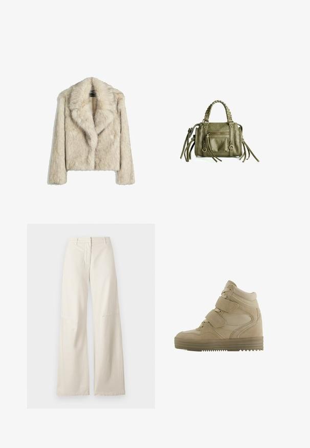 Kratka jakna iz umetnega krzna v svetli bež barvi, z širokim ovratnikom, sproščenim krojem in mehko, teksturirano površino. Brez vidnih kovinskih detaljev.; Kremna majica z dolgimi rokavi, širokim izrezom in razširjenimi rokavi. Gladek, lahek material. Preprost, minimalističen dizajn brez okraskov.; Hlače širokih nogavic iz kremaste bombažne tkanine. Imajo visok pas, strukturirano zasnovo in minimalne šive. Raven sprednji del s žepi.; Bež visoke teniske s kombinacijo usnja in mrežastega materiala, nastavljivimi ježki in debelim gumijastim podplatom z zloženim vzorcem.; Oliveno zelena usnjena torbica z pletenimi ročaji, zadrgo na sprednjem žepu in dekorativnimi resemi. Teksturna površina, kompaktna pravokotna oblika.