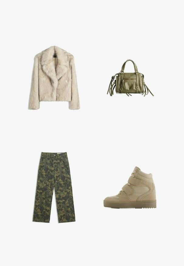 Kort fuskpälsjacka i ljus beige, med en bred krage, avslappnad passform och mjukt, texturerat yta. Inga synliga hårdvarudetaljer.; Krämfärgad långärmad topp med bred halsringning och utsvängda ärmar. Mjuk, lätt tyg. Enkel, minimalistisk design utan dekorationer.; Kamo vida byxor i mörkgrön och olivgrön, med ett lövmönster. Tillverkade av bomull med en klassisk femfickedesign och knappstängning.; Beiga högstövlar i sneakersstil med en design i mocka och mesh, justerbara kardborreband och en tjock gummisula med ett zigzag-mönster.; Olivgrön läderhandväska med flätade handtag, ficka med dragkedja framtill och dekorativa fransar. Texturerad yta, kompakt rektangulär form.