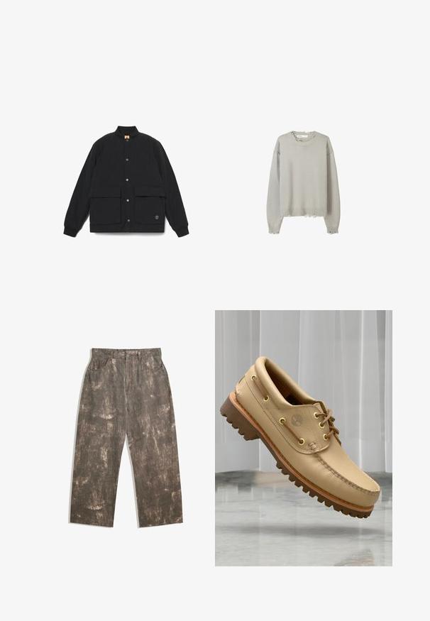 Musta tikattu takki, jossa on pystykaulus, kaksi etupussia, napitus ja ribbitaskut. Sisältää logon helman kohdalla.; Valkoinen harmaa neule, jossa on tekstuuripinta, ribattu kaula-aukko ja hihansuut, lyhyt malli sekä repsottavat helmakkeet. Pehmeää neulottua materiaalia.; Ruske farkkuhousut, joissa on haalistunut ja kulunut kuvio. Rentokuriset, joissa on viisi taskua ja edessä nappikiinnitys.; Vaaleanruskea nahkainen veneen kenkä, jossa on paksu, uritettu pohja ja nauha-yksityiskohtia, kellumassa marmorilattian yllä, taustalla valkoiset pystysuorat verhot.