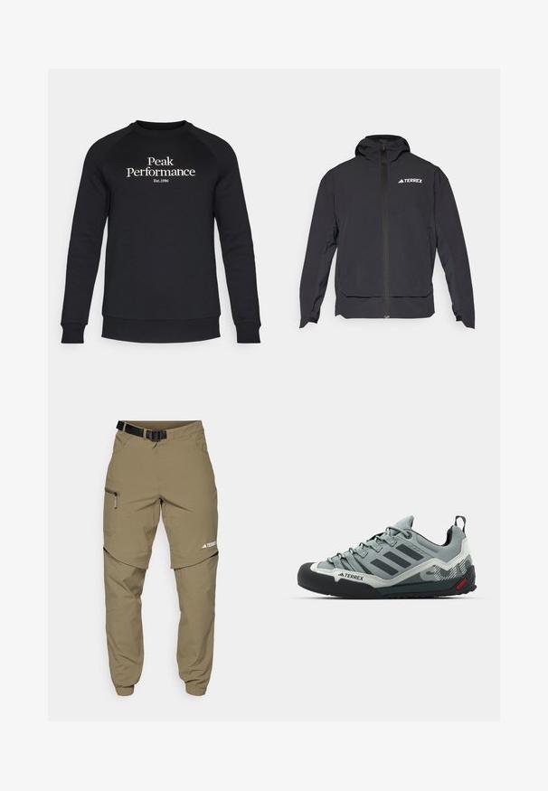 Czarna kurtka Terrex z zamkiem z przodu, kapturem i logo na górze z lewej strony. Posiada elegancki design i gładką teksturę.; Peak Performance - Bluza; Khaki spodnie outdoorowe z regulowanym czarnym paskiem, zamykanymi kieszeniami, zwężanymi nogawkami oraz odpinanymi dolnymi nogawkami, co umożliwia różnorodne stylizacje.; Szare buty do wspinaczki z fakturowaną cholewką, czarną gumową osłoną palców, trzema ciemnymi paskami i małym czerwonym akcentem na podeszwie.