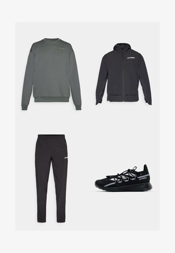 Giacca Terrex nera con zip frontale, cappuccio e logo in alto a sinistra. Presenta un design elegante e una texture liscia.; Felpa grigia dalla texture particolare con motivo a nido d'ape, polsini e orlo a costine, e un piccolo logo sulla parte superiore sinistra del petto.; Pantaloni sportivi neri con vita elasticizzata, due tasche laterali con zip e un logo sulla parte superiore della gamba destra. Tessuto liscio e leggero.; Scarpa da ginnastica nera con tomaia in rete, dettagli riflettenti, lacci elastici e suola in gomma testurizzata. Presenta un design elegante per le prestazioni.