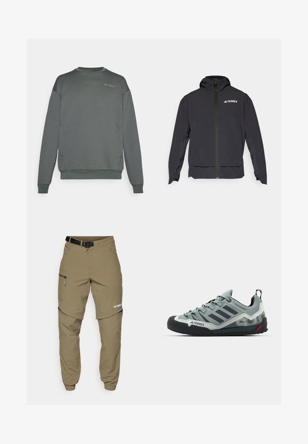 Melnā Terrex jaka ar rāvējslēdzēju priekšpusē, ērtu kapuci un logotipu augšējā kreisajā pusē. Tai ir eleganta dizaina un gluda virsma.; Pelēks teksturēts sporta krekls ar šūnu rakstu, ribotām piedurknēm un apakšmalu, kā arī mazu logo kreisajā augšējā krūtīs.; Kaki āra bikses ar regulējamu melnu jostu, ar rāvējslēdzējiem kabatām, sašaurinātiem piedurknēm un noņemamām apakšējām kājām, nodrošinot daudzveidīgu stilu.; Pelēki kāpšanas apavi ar teksturētu augšdaļu, melnu gumijas purngalu, trim tumšām svītrām un nelielu sarkanu akcentu uz zoles.