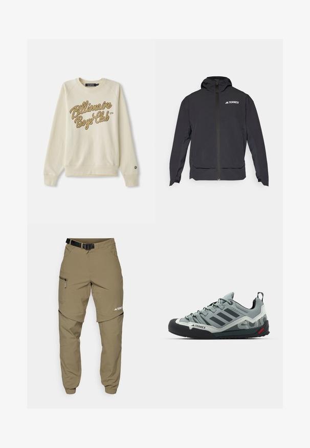 Casaco Terrex preto com fecho na frente, capuz e logótipo no canto superior esquerdo. Apresenta um design elegante e uma textura suave.; Sweatshirt creme com decote redondo e mangas longas, apresentando texto em amarelo e castanho em padrão quadriculado "Billionaire Boys Club" na altura do peito.; Calças de exterior em caqui com um cinto preto ajustável, bolsos com fecho, punhos ajustados e pernas inferiores destacáveis para um estilo versátil.; Chalkboard cinzas com um cabedal texturizado, bico de borracha preta, três riscas escuras e um pequeno destaque vermelho na sola.