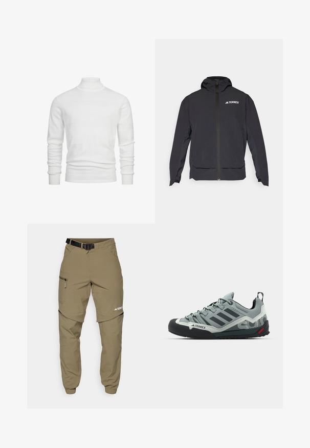 Schwarze Terrex-Jacke mit einem Reißverschluss vorne, Kapuze und Logo auf der oberen linken Seite. Verfügt über ein elegantes Design und eine glatte Textur.; Weißer Rollkragenpullover mit strukturierten horizontalen Streifen, gerippten Bündchen und Saum. Das Strickgewebe sorgt für ein weiches, gemütliches Aussehen.; Schwarzes T-Shirt mit kurzen Ärmeln aus leichtem Stoff, mit einem hellgrauen "TERREX"-Logo auf der Brust und einem Rundhalsausschnitt.; Khaki Outdoor-Hosen mit verstellbarem schwarzen Gürtel, Reißverschlusstaschen, schmal zulaufenden Bündchen und abnehmbaren unteren Beinen für vielseitige Stylingmöglichkeiten.; Graue Kletterschuhe mit einer strukturierten Oberseite, schwarzer Gummi-Zehenkappe, drei dunklen Streifen und einem kleinen roten Akzent an der Sohle.