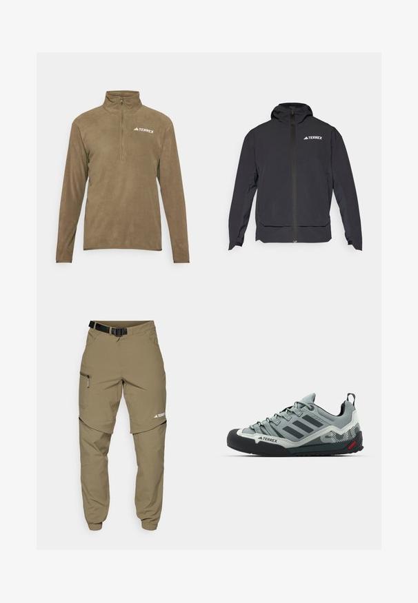 Svart Terrex-jakke med glidelås foran, hette og logo øverst til venstre. Har et strømlinjeformet design og glatt tekstur.; Brun fleecetrøye med halv-glidelås krage, med en hvit "TERREX" logo på øvre venstre side. Myk tekstur og lange ermer.; Kakhifargede friluftsbukser med justerbart svart belte, glidelåslommer, avsmalnende ermer og avtagbare underben for variert styling.; Grå klatresko med en teksturert overdel, svart gummitåhette, tre mørke striper og en liten rød aksent på sålen.