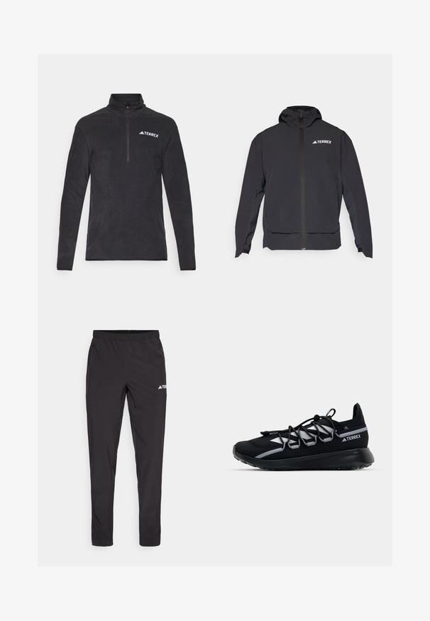 Schwarze Terrex-Jacke mit einem Reißverschluss vorne, Kapuze und Logo auf der oberen linken Seite. Verfügt über ein elegantes Design und eine glatte Textur.; Schwarzer Fleece-Pullover mit Stehkragen, Viertel-Reißverschluss und TERREX-Logo auf der linken Brust. Sanfte Textur und lange Ärmel.; Schwarze Sporthose mit einem elastischen Bund, zwei seitlichen Reißverschlusstaschen und einem Logo am oberen rechten Bein. Glattes, leichtes Material.; Schwarzer Sportschuh mit einem Obermaterial aus Mesh, reflektierenden Akzenten, elastischen Schnürsenkeln und einer strukturierten Gummisohle. Verfügt über ein schlankes Design für optimale Leistung.