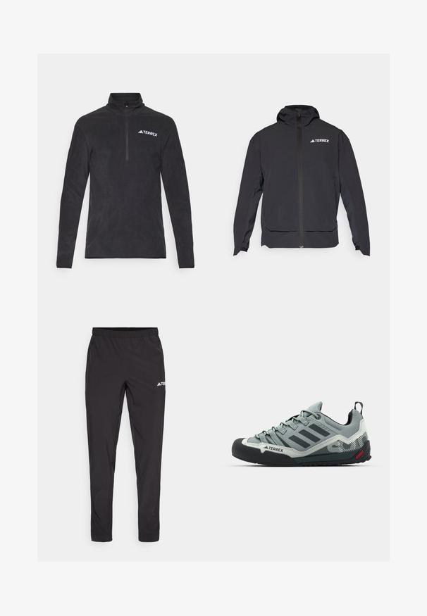 Černá bunda Terrex se zapínáním na zip, kapucí a logem v levém horním rohu. Disponuje elegantním designem a hladkou texturou.; Černý fleecový pulovr se stojáčkem, čtvrtinovým zipem a logem TERREX na levé hrudi. Měkká textura a dlouhé rukávy.; Černé sportovní kalhoty s elastickým pasem, dvěma bočními zipovými kapsami a logem na horní pravé noze. Hladká, lehká tkanina.; Šedé lezecké boty s texturovaným svrškem, černým gumovým okrajem na špičce, třemi tmavými pruhy a malou červenou akcentací na podrážce.