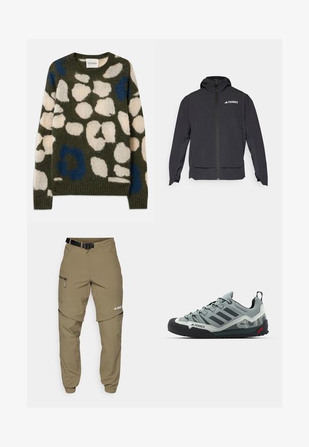 Veste Terrex noire avec fermeture éclair à l'avant, capuche et logo en haut à gauche. Elle présente un design élégant et une texture lisse.; Pull en maille de couleur vert olive avec des taches abstraites blanches et bleues. Présente un col rond et des poignets et ourlets côtelés. Tissu doux et texturé.; T-shirt noir à manches courtes en tissu léger, arborant un logo « TERREX » gris clair sur la poitrine et un col rond.; Pantalons d'extérieur kaki avec une ceinture noire ajustable, des poches zippées, des poignets fuselés et des jambes inférieures détachables pour un style polyvalent.; Chaussures d'escalade grises avec un dessus texturé, un capuchon en caoutchouc noir pour les orteils, trois rayures foncées et une petite touche rouge sur la semelle.