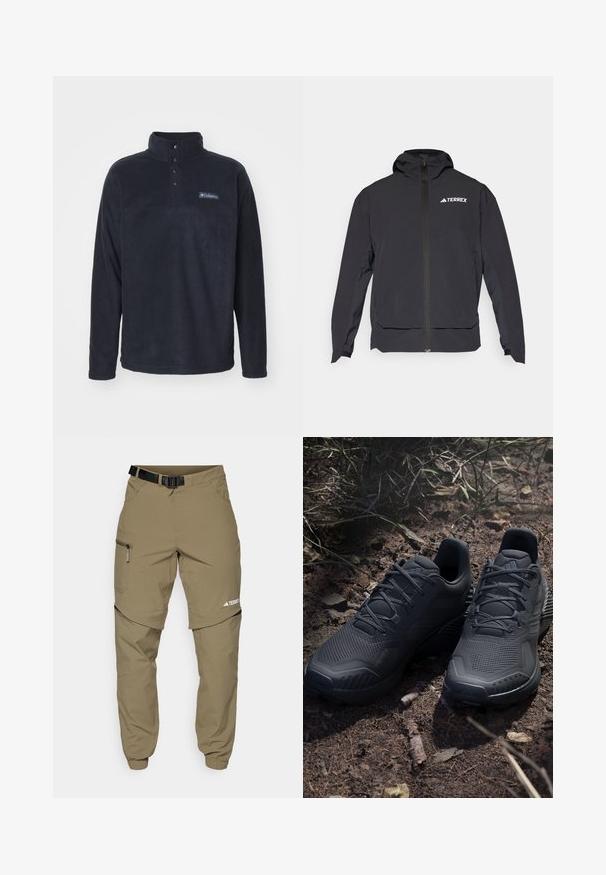 Black Terrex jacket with a zip front, hood, and logo on the upper left. Features a sleek design and smooth texture.; Columbia STEENS MOUNTAIN™ HALF SNAP - Fleece jumper - black; Khaki outdoor pants with a adjustable black belt, zippered pockets, tapered cuffs, and detachable lower legs for versatile styling.; Black athletic shoes with a textured knit upper, reinforced toe, and cushioned sole, displayed on earthy ground with scattered twigs.
