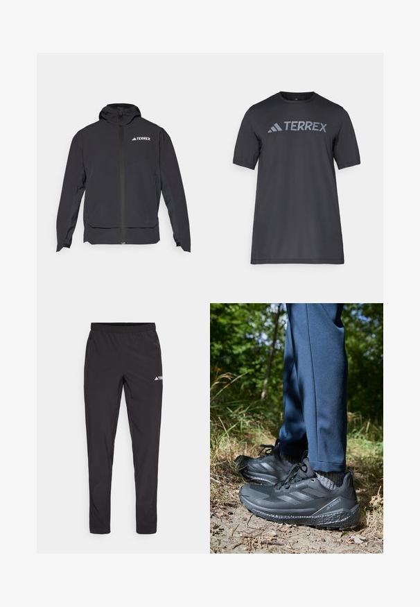 Črna jakna Terrex z zadrgo na sprednji strani, kapuco in logotipom na zgornji levi strani. Ponaša se z elegantnim dizajnom in gladko teksturo.; Črna majica s kratkimi rokavi iz lahkega materiala, ki ima odtisnjen svetlo sivi logotip "TERREX" čez prsi in okrogel izrez.; Črne atletske hlače z elastičnim pasom, dvema stranskima žepoma z zadrgo in logotipom na zgornji desni nogi. Gladek, lahek material.; Črne pohodne čevlje z teksturirano zgornjo stranjo, obliko treh črt in trdnimi podplati, v kombinaciji z mornarsko modrimi hlačami in sivo obleko v naravni okolici.