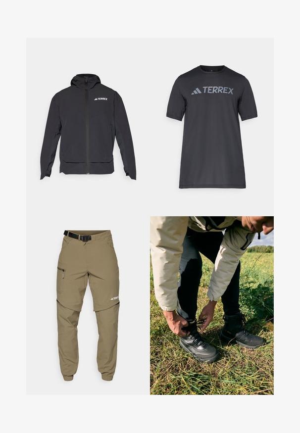Črna jakna Terrex z zadrgo na sprednji strani, kapuco in logotipom na zgornji levi strani. Ponaša se z elegantnim dizajnom in gladko teksturo.; Črna majica s kratkimi rokavi iz lahkega materiala, ki ima odtisnjen svetlo sivi logotip "TERREX" čez prsi in okrogel izrez.; Khaki zunanji hlače z nastavljivim črnim pasom, žepi z zadrgo, ožji konci in snemljivi spodnji deli za vsestranski slog.; Črne zunanje škornje z teksturiranim usnjenim zgornjim delom in gumijastim podplatom. Nosilec zateguje vezalke, medtem ko stoji na travi.