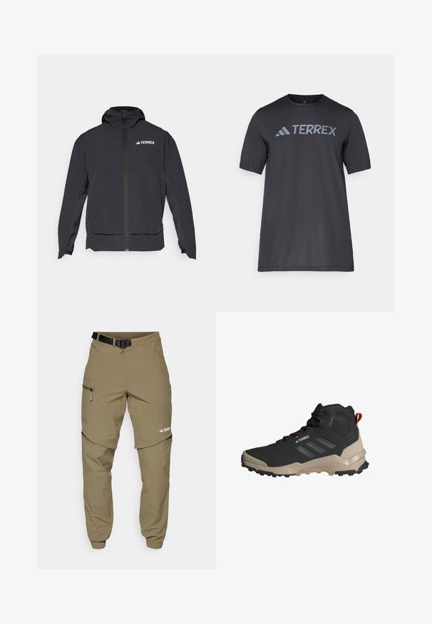 Svart Terrex-jakke med glidelås foran, hette og logo øverst til venstre. Har et strømlinjeformet design og glatt tekstur.; Svart t-skjorte med kort erm laget av lett stoff, med en lys grå "TERREX" logo på tvers av brystet og rund hals.; Kakhifargede friluftsbukser med justerbart svart belte, glidelåslommer, avsmalnende ermer og avtagbare underben for variert styling.; Svart og beige tur-sko med høy ankelstøtte, teksturert overdel, tre svarte striper og en rød hældetalj. Har en robust såle for godt grep.