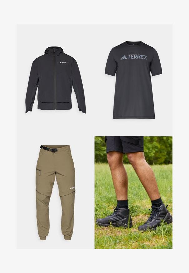 Čierna bunda Terrex so zipsom vpredu, kapucňou a logom na hornej ľavej strane. Vyniká elegantným dizajnom a hladkou textúrou.; Čierne tričko s krátkym rukávom vyrobené z ľahkého materiálu, s svetlo šedým logom "TERREX" na hrudi a klasickým výstrihom.; Khaki vonkajšie nohavice s nastaviteľným čiernym opaskom, zipsovými vreckami, zúženými manžetami a odnímateľnými dolnými nohavicami pre variabilný štýl.; Čierne vysoké športové tenisky s textúrovaným povrchom, dizajnom s tromi pruhmi a čiernymi šnúrkami, v kombinácii s čiernymi ponožkami do polkolien a šortkami.