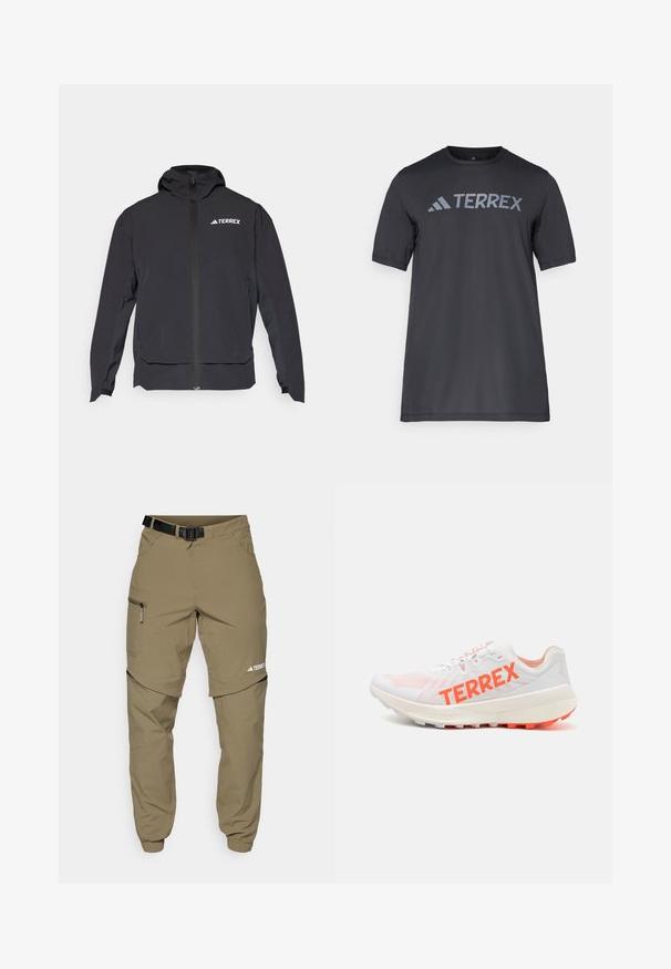 Juodas Terrex džemperis su užtrauktuku priekyje, kepure ir logotipu viršutiniame kairiajame kampe. Turi stilingą dizainą ir lygią tekstūrą.; Juodas trumpų rankovių marškinėliai iš lengvo audinio, su šviesiai pilku „TERREX“ logotipu krūtinėje ir apvaliu iškirpimu.; Smėlio spalvos laisvalaikio kelnės su diržu, užtrauktukais užsegamomis šoninėmis kišenėmis ir elastingais rankogaliais. Turi atsegamą dizainą, leidžiantį įvairiai naudoti, bei lygų paviršių.; Balti sportiniai bateliai su tinklinio audinio viršumi ir ryškiai oranžiniu "TERREX" logotipu. Siūlo paminkštintą pado konstrukciją ir tekstūruotą sukibimą, skirtus efektyvumui.