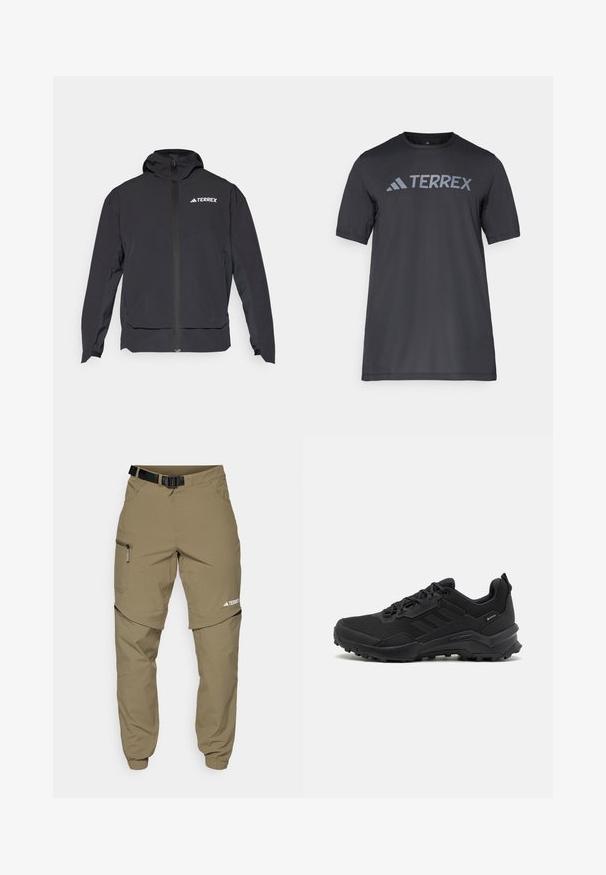 Black Terrex jacket with a zip front, hood, and logo on the upper left. Features a sleek design and smooth texture.; Black short-sleeve t-shirt made of lightweight fabric, featuring a light gray “TERREX” logo across the chest and a crew neckline.; Khaki outdoor pants with a adjustable black belt, zippered pockets, tapered cuffs, and detachable lower legs for versatile styling.; Black outdoor shoes with a textured synthetic upper, lace closure, prominent three-stripe design, and a rugged, durable outsole.