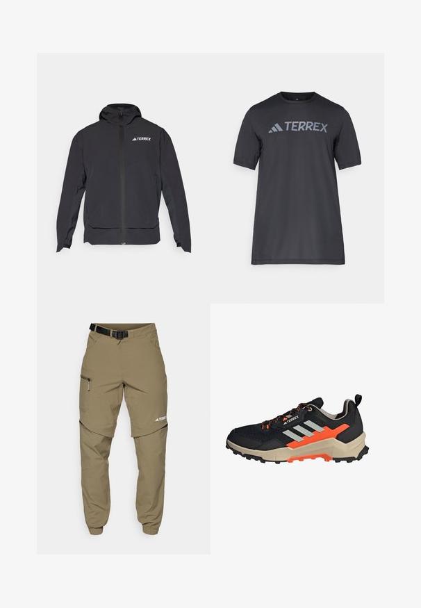 Svart Terrex-jakke med glidelås foran, hette og logo øverst til venstre. Har et strømlinjeformet design og glatt tekstur.; Svart t-skjorte med kort erm laget av lett stoff, med en lys grå "TERREX" logo på tvers av brystet og rund hals.; Kakhifargede friluftsbukser med justerbart svart belte, glidelåslommer, avsmalnende ermer og avtagbare underben for variert styling.; adidas Terrex AX4 HIKING - Fjellsko - core black silver impact orange