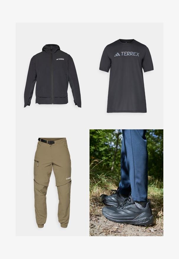 Fekete Terrex dzseki cipzárral elöl, kapucnival és logóval a bal felső részen. Sleek dizájnjával és sima textúrájával emelkedik ki.; Fekete, rövid ujjú póló, könnyű anyagból készült, világosszürke „TERREX” logóval a mellrészen és kerek nyakkivágással.; Khaki színű kültéri nadrág állítható fekete övvel, cipzáras zsebekkel, szűkített szárakkal és levehető alsó lábrésszel a sokoldalú stílus érdekében.; Fekete túracipők textúrált felsőrésszel, három csíkos mintázattal és robosztus talppal, navy színű nadrággal és szürke zoknival párosítva, természetes környezetben.