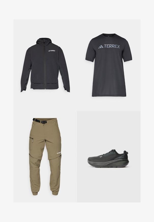 Giacca Terrex nera con zip frontale, cappuccio e logo in alto a sinistra. Presenta un design elegante e una texture liscia.; T-shirt nero a maniche corte realizzato in tessuto leggero, con il logo "TERREX" grigio chiaro sul petto e colletto tondo.; Pantaloni da esterno khaki con cintura nera regolabile, tasche con zip, polsini affusolati e gambe inferiori staccabili per uno stile versatile.; Scarpa sportiva nera caratterizzata da una tomaia in rete traspirante, suola testurizzata e un design della intersuola che offre supporto. Sono presenti dettagli riflettenti.