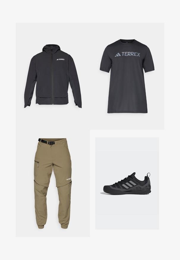 Black Terrex jacket with a zip front, hood, and logo on the upper left. Features a sleek design and smooth texture.; Black short-sleeve t-shirt made of lightweight fabric, featuring a light gray “TERREX” logo across the chest and a crew neckline.; Khaki outdoor pants with a adjustable black belt, zippered pockets, tapered cuffs, and detachable lower legs for versatile styling.; Black athletic shoes featuring a mesh upper, rubber toe cap, grey Adidas stripes, and textured sole for enhanced grip.