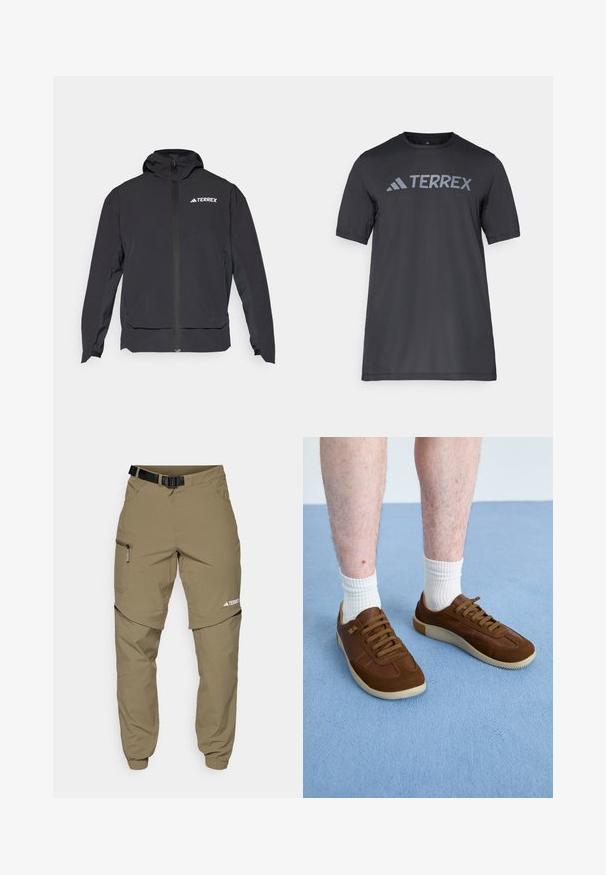 Juodas Terrex džemperis su užtrauktuku priekyje, kepure ir logotipu viršutiniame kairiajame kampe. Turi stilingą dizainą ir lygią tekstūrą.; Juodas trumpų rankovių marškinėliai iš lengvo audinio, su šviesiai pilku „TERREX“ logotipu krūtinėje ir apvaliu iškirpimu.; Kaki lauko kelnės su reguliuojamu juodu diržu, užtrauktukais užsegamomis kišenėmis, siaurėjančiais klešniais ir nuimamomis apatinėmis dalimis, skirtomis įvairiems stiliams.; Rudos sportbačiai, pagaminti iš zomšos ir odos, su guminėmis padais, apvalia forma ir šešiais raišteliais, atitinkančiais rudą spalvą.