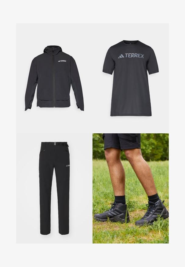Black Terrex jacket with a zip front, hood, and logo on the upper left. Features a sleek design and smooth texture.; Black short-sleeve t-shirt made of lightweight fabric, featuring a light gray “TERREX” logo across the chest and a crew neckline.; Black outdoor pants with a smooth fabric, side zip pockets, reinforced knee sections, and an adjustable waistband featuring a buckle.; Black high-top athletic shoes featuring a textured surface, three-stripe design, and black laces, paired with black crew socks and shorts.