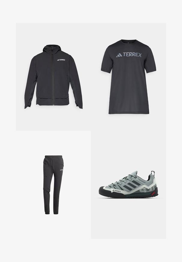 Svart Terrex-jakke med glidelås foran, hette og logo øverst til venstre. Har et strømlinjeformet design og glatt tekstur.; Svart t-skjorte med kort erm laget av lett stoff, med en lys grå "TERREX" logo på tvers av brystet og rund hals.; Sorte idrettsbukser laget av lett materiale, med elastisk midjebånd, sidelommer, innsnevrede ben og logo-detalle.; Grå klatresko med en teksturert overdel, svart gummitåhette, tre mørke striper og en liten rød aksent på sålen.