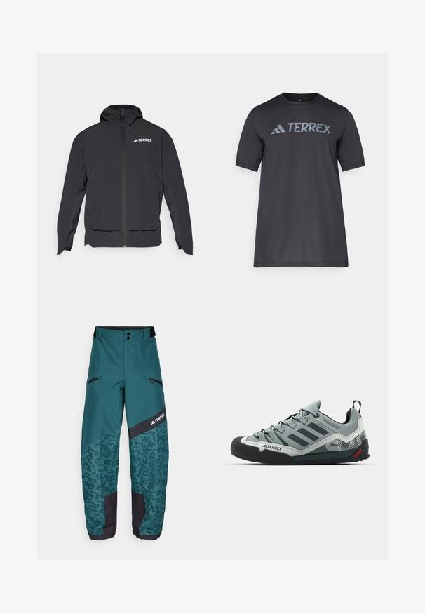 Crna Terrex jakna s patentnim zatvaračem sprijeda, kapuljačom i logotipom na gornjoj lijevoj strani. Ima elegantan dizajn i glatku teksturu.; Crna majica kratkih rukava od lagane tkanine, koja ima svijetlosivu oznaku "TERREX" preko prsa i okrugli izrez.; adidas Terrex PANTS - Skijaške hlače - aurora ivy/preloved teal; Sive čizme za penjanje s teksturiranim gornjim dijelom, crnim gumenim vrhom, tri tamne pruge i malim crvenim detaljem na potplatu.