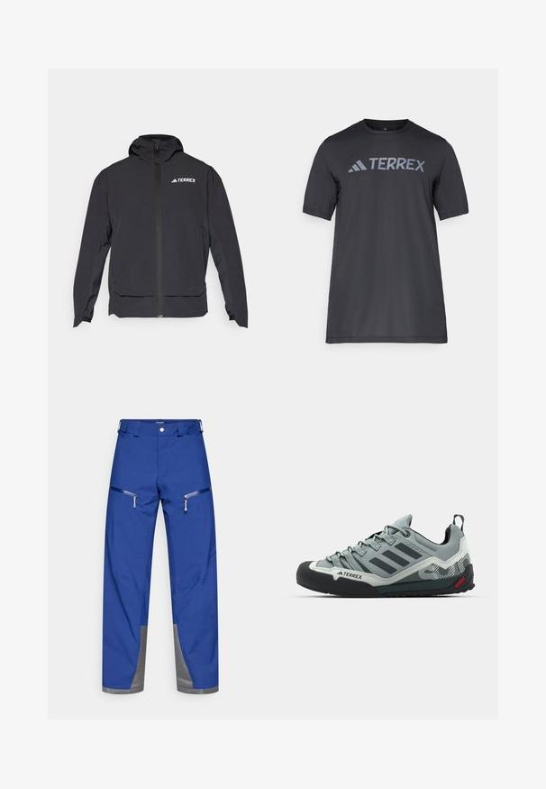 Black Terrex jacket with a zip front, hood, and logo on the upper left. Features a sleek design and smooth texture.; Black short-sleeve t-shirt made of lightweight fabric, featuring a light gray “TERREX” logo across the chest and a crew neckline.; Blue waterproof pants with a straight cut, featuring two zippered pockets and gray accents at the hem. Made from durable fabric.; Gray climbing shoes featuring a textured upper, black rubber toe cap, three dark stripes, and a small red accent on the sole.
