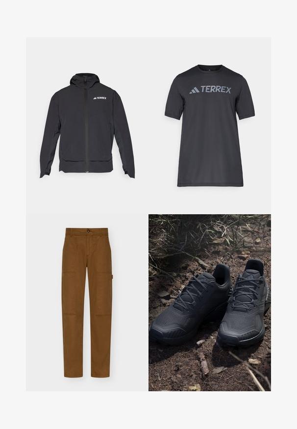 Must mängude värviline Terrex jope, millel on lukuga eesmine osa, kapuuts ja logo vasakul ülal. Omab sujuvat disaini ja pehmet tekstuuri.; Must musta t-särk, mis on valmistatud kergetest kangast, millel on kergehall "TERREX" logo rinnaeest ja ümar kaelus.; Pruunid cargo püksid, mis on valmistatud vastupidavast kangast, sirge säärega, kahte suurt küljetaskut ja nööpkinnitust vöökoha juures.; Mustad mustes spordijalanõud tekstuurse kudumisega pealisosa, tugevdatud varvas ja pehmendusega tallad, laotud maapinnale, kus on hajutatud oksakesi.