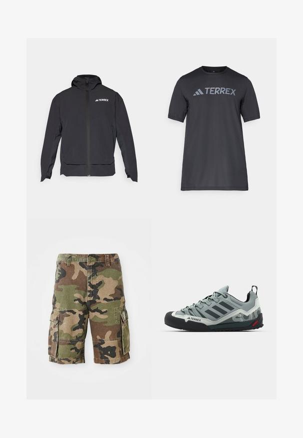 Czarna kurtka Terrex z zamkiem z przodu, kapturem i logo na górze z lewej strony. Posiada elegancki design i gładką teksturę.; Czarny t-shirt z krótkim rękawem wykonany z lekkiego materiału, z jasnoszarym logo "TERREX" na piersi oraz okrągłym dekoltem.; Spodenki cargo w kamuflażu z dwiema bocznymi kieszeniami i szlufkami na pasek, zapięcie na guzik z przodu oraz przeszyciami.; Szare buty do wspinaczki z fakturowaną cholewką, czarną gumową osłoną palców, trzema ciemnymi paskami i małym czerwonym akcentem na podeszwie.