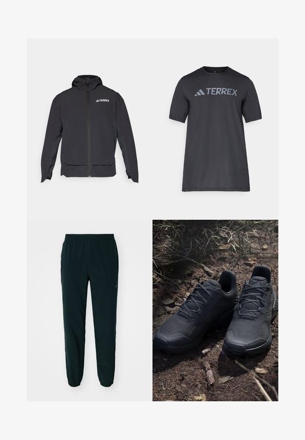 Melnā Terrex jaka ar rāvējslēdzēju priekšpusē, ērtu kapuci un logotipu augšējā kreisajā pusē. Tai ir eleganta dizaina un gluda virsma.; Melna īsām piedurknēm T-kreklu, kas izgatavots no viegla auduma, ar gaismu pelēku "TERREX" logo krūšu daļā un apaļu kakla izgriezumu.; Tumši zaļi treniņbikses ar elastīgu jostasvietu, sašaurinātām kājām un aprocēm pie potītēm. Izgatavotas no mīksta, elastīga auduma.; Melni sporta apavi ar struktūru adītu virsu, pastiprinātu pirkstu daļu un amortizētu zoli, izvietoti uz zemes, kurā ir izkaisīti zari.