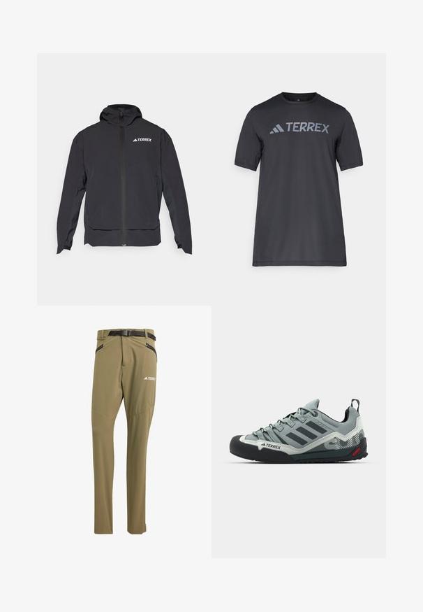 Musta Terrex-takki, jossa on vetoketju edessä, huppu ja logo vasemmassa yläkulmassa. Korostaa tyylikästä muotoilua ja sileää pintaa.; Musta lyhythihainen t-paita kevyestä kankaasta, jossa on vaaleanharmaa "TERREX" -logo rinnassa ja pyöreä kaula-aukko.; adidas Terrex XPERIOR - Ulkohousut - olive strata; Harmaan kiipeilykengät, joissa on teksturoitu päällinen, musta kuminen varvasosa, kolme tummaa raitaa ja pieni punainen yksityiskohta pohjassa.