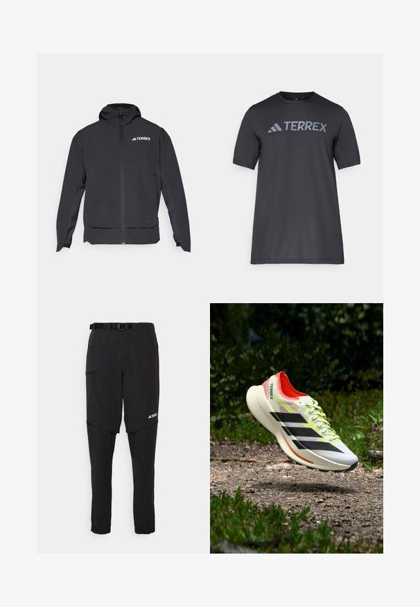 Černá bunda Terrex se zapínáním na zip, kapucí a logem v levém horním rohu. Disponuje elegantním designem a hladkou texturou.; Černé tričko s krátkým rukávem vyrobené z lehkého materiálu, s světle šedým logem "TERREX" přes hruď a kulatým výstřihem.; Černé venkovní kalhoty s páskem, se zipovou postranní kapsou, se zúženým střihem nohavic a elastickými manžetami na kotnících. Logo značky je viditelné.; Lehká běžecká bota v bílé barvě s černými pruhy, červenými akcenty a žlutými tkaničkami; má strukturovaný svršek a polstrovanou podrážku.