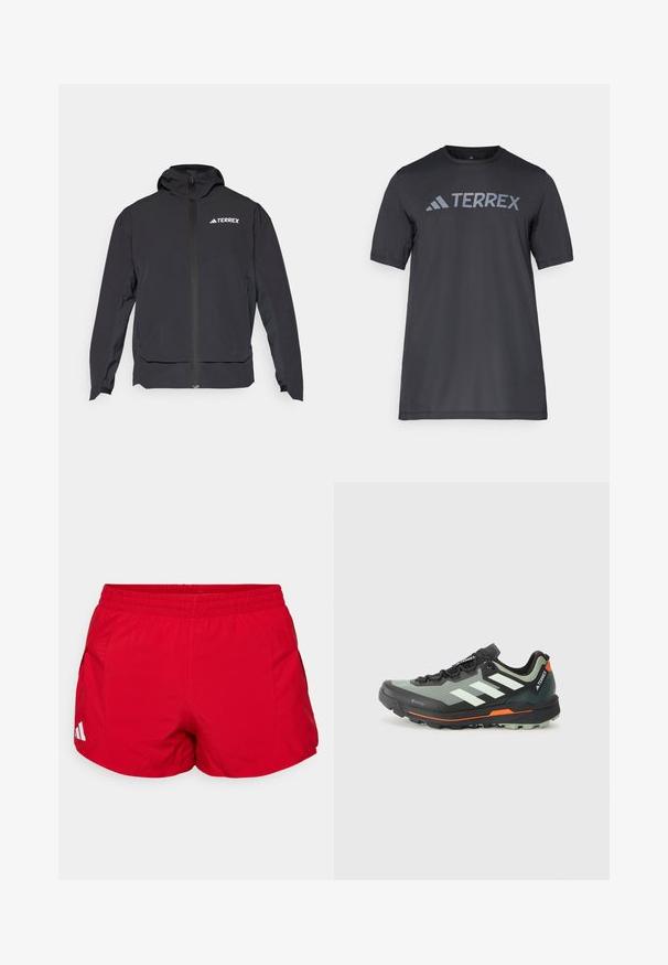 Čierna bunda Terrex so zipsom vpredu, kapucňou a logom na hornej ľavej strane. Vyniká elegantným dizajnom a hladkou textúrou.; Čierne tričko s krátkym rukávom vyrobené z ľahkého materiálu, s svetlo šedým logom "TERREX" na hrudi a klasickým výstrihom.; Červené športové šortky vyrobené z ľahkého materiálu s elastickým pásom. Obsahujú bočné vrecká a biely akcent loga blízko lemu.; Ľahká trailová bežecká obuv s šedou a čiernou sieťovinou, oranžovými akcentmi a robustnou podrážkou pre trakciu. Nepremokavé Gore-Tex podšívka.