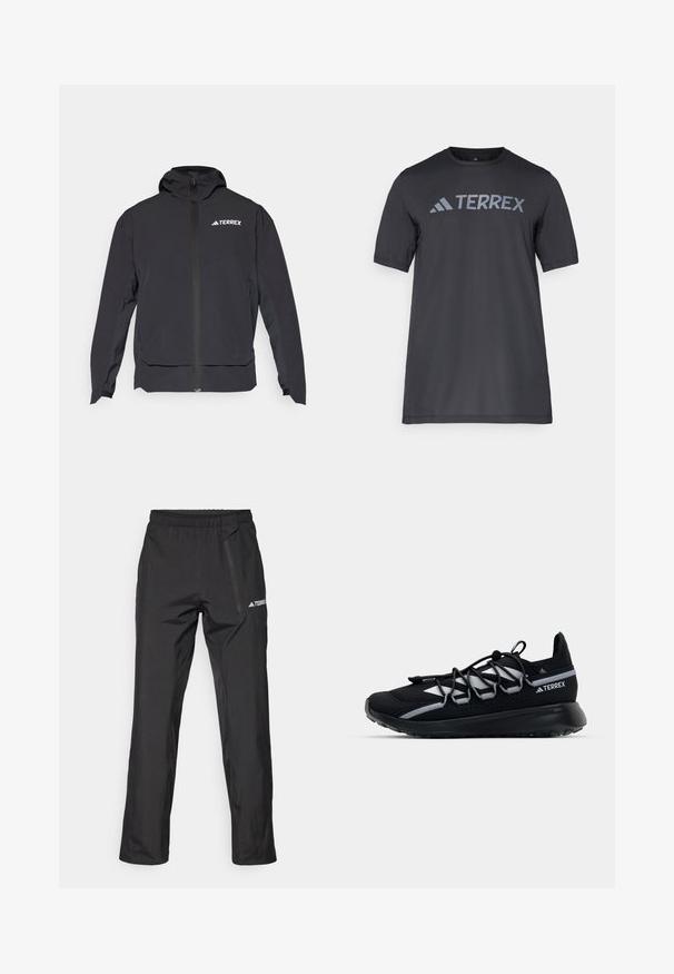 Svart Terrex-jakke med glidelås foran, hette og logo øverst til venstre. Har et strømlinjeformet design og glatt tekstur.; Svart t-skjorte med kort erm laget av lett stoff, med en lys grå "TERREX" logo på tvers av brystet og rund hals.; Svarte lette turbukser med elastisk midje, glidelåslommer og trykt logo. Glatt tekstur og rette ben.; Sorte idrettssko med mesh-overdel, reflekterende detaljer, elastiske lisser og en teksturert gummisåle. Har et strømlinjeformet design for ytelse.